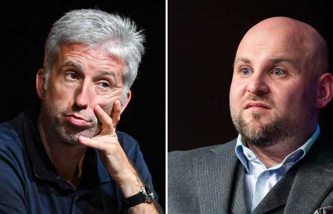 Der Ex-Grüne Boris Palmer (links) diskutiert Anfang September mit dem AfD-Landesvorsitzenden Markus Frohnmaier in Tübingen.<span class='image-autor'>Foto: imago/Ulmer II, Silas Stein</span>