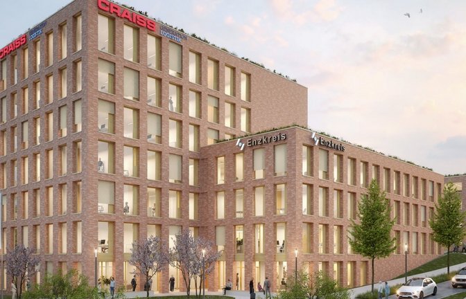 Der geplante Neubau soll Platz für rund 120 Craiss-Mitarbeitende und etwa 50 Mitarbeitende des Landratsamtes Enzkreis bieten.  Visualisierung: Raumlabor3 & GJL+