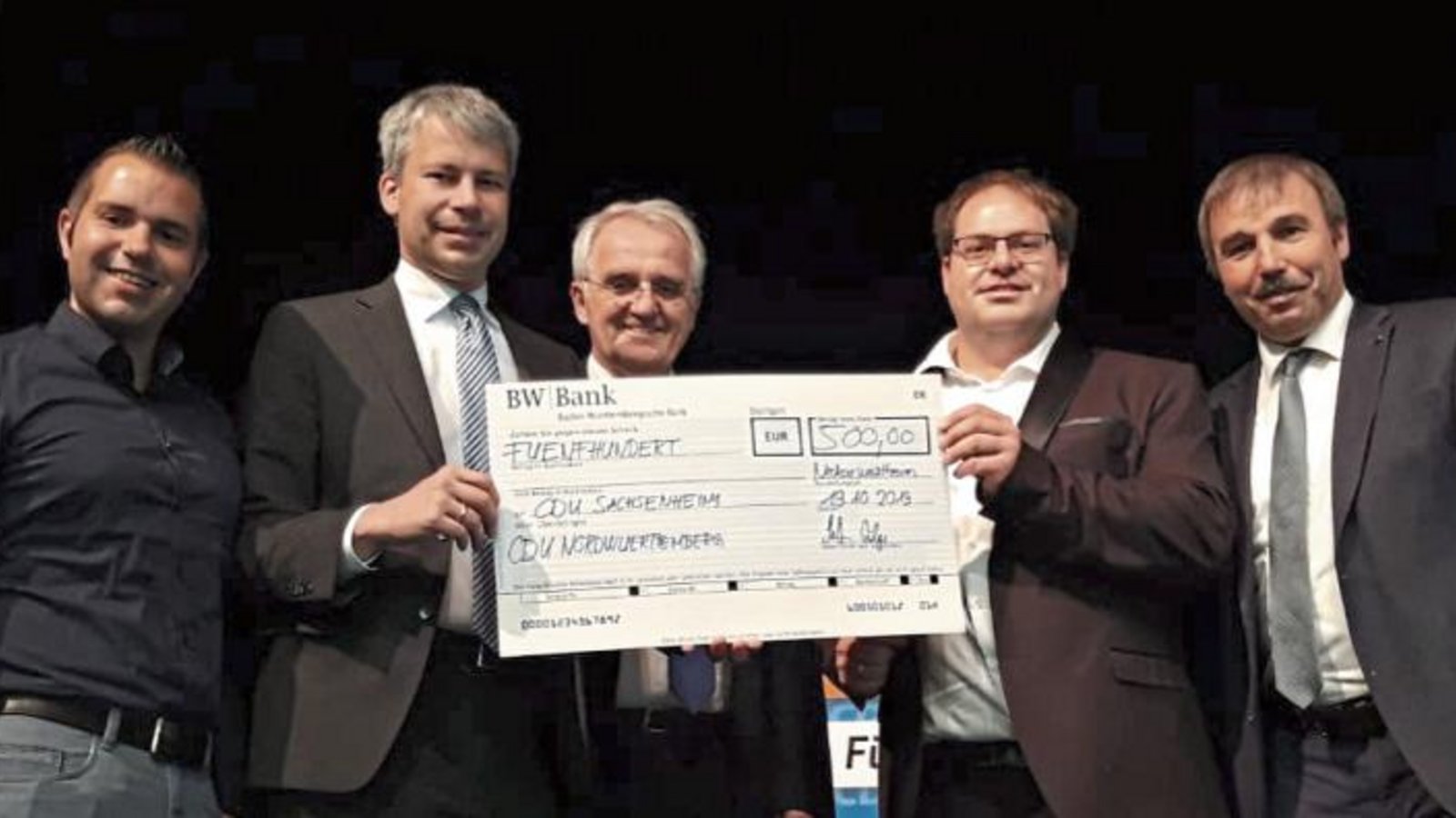 Auf dem Bild (von links): Benjamin Traa, Mitgliederbeauftragter CDU-Kreisverband Ludwigsburg, Bezirksvorsitzender CDU-Nordwürttemberg Staatssekretär Steffen Bilger, Kreisvorsitzender Rainer Wieland MdEP, Manuel Schäfer CDU Sachsenheim, Konrad Epple MdL.  Foto: p