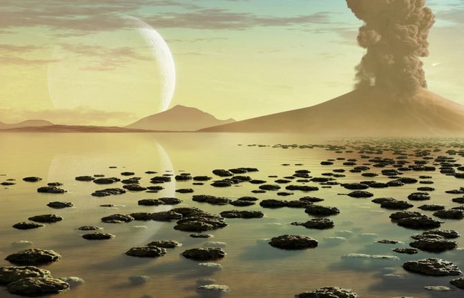 Diese Illustration der Erde zu Beginn des Lebens zeigt einen Vulkan und einen Tümpel voll Wasser. Es ist möglich, dass sich die frühesten Lebensformen in solchen Umgebungen entwickelt haben (KI-generiert).<span class='image-autor'>Mark Garlick/Science Source</span>