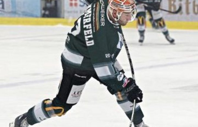 Marcus Sommerfeld (vorne) hat drei Treffer zum 9:1-Sieg der Bietigheim Steelers beim Deggendorfer SC beigetragen. Foto: Baumann