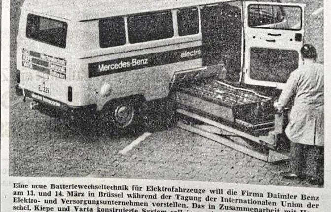 Kaum ein Thema, das nicht früher schon einmal diskutiert worden wäre: In der Zeitung von 1972 hat die Vaihinger Stadtarchivarin Andrea Majer das hochaktuelle Foto vom Batteriewechsel am Elektrofahrzeug und die Überlegung von Elektrotankstellen gefunden.