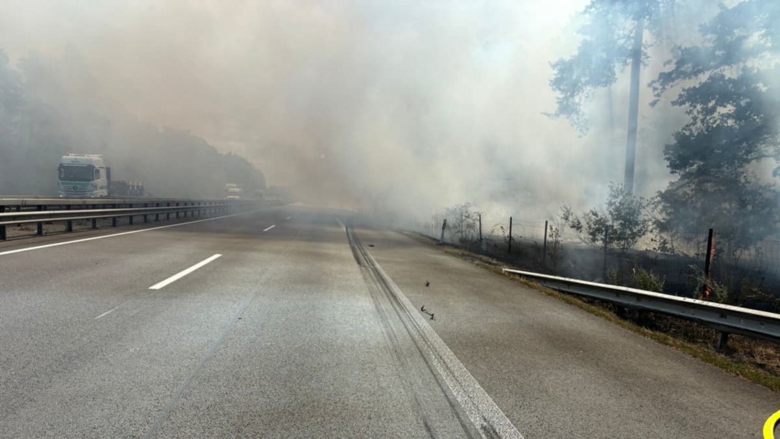 Auf der Autobahn 61 bei Schifferstadt ist der Reifen eines Lkw geplatzt - brennende Reifenteile sind im angrenzenden Wald gelandet und haben einen großen Brand ausgelöst. Die Autobahn ist in Richtung Hockenheim gesperrt.Handout / Berlin/Polizeiautobahnstation Ruchheim/dpa Auf der Autobahn 61 bei Schifferstadt ist der Reifen eines Lkw geplatzt - brennende Reifenteile sind im angrenzenden Wald gelandet und haben einen großen Brand ausgelöst. Die Autobahn ist in Richtung Hockenheim gesperrt.Handout / Berlin/Polizeiautobahnstation Ruchheim/dpa