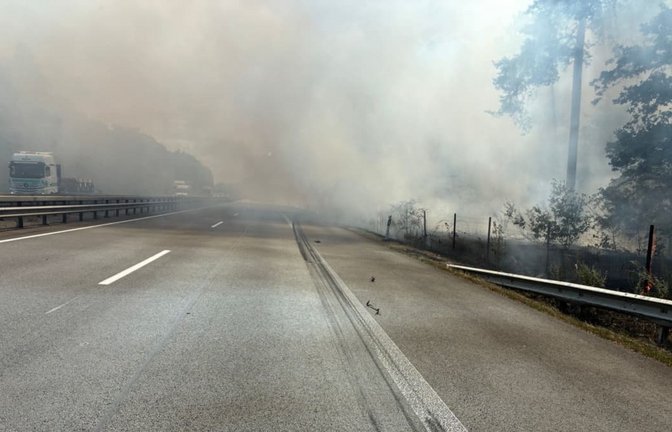 Auf der Autobahn 61 bei Schifferstadt ist der Reifen eines Lkw geplatzt - brennende Reifenteile sind im angrenzenden Wald gelandet und haben einen großen Brand ausgelöst. Die Autobahn ist in Richtung Hockenheim gesperrt.<span class='image-autor'>Handout / Berlin/Polizeiautobahnstation Ruchheim/dpa</span>