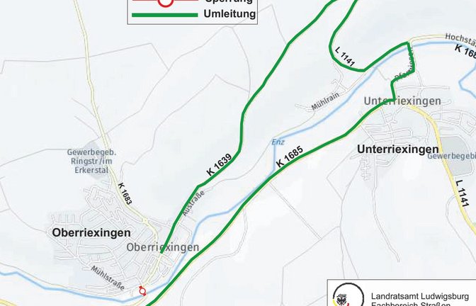 Die Brückensperrung macht eine Umleitung über Unterriexingen erforderlich.  Grafik: LL