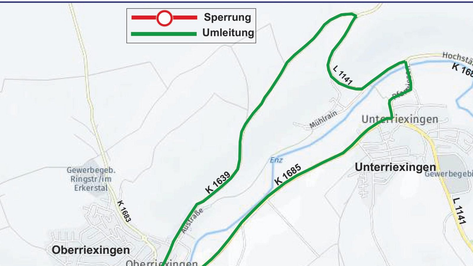 Die Brückensperrung macht eine Umleitung über Unterriexingen erforderlich. Grafik: LL Die Brückensperrung macht eine Umleitung über Unterriexingen erforderlich. Grafik: LL