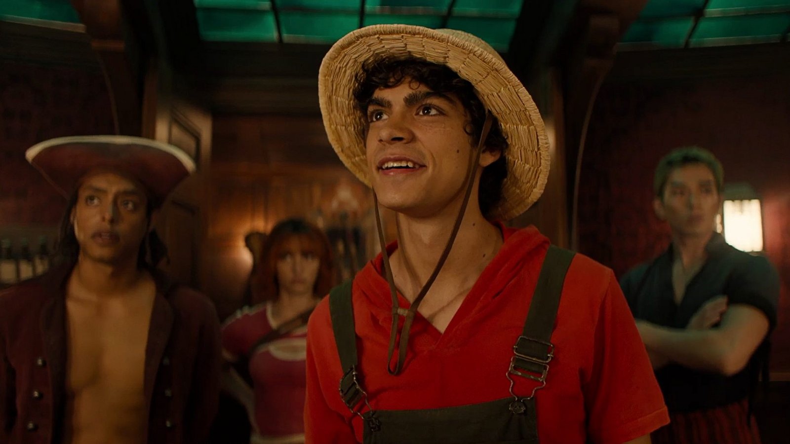 (v.l.n.r.) Jacob Romero Gibson als Usopp, Emily Rudd als Nami, Iñaki Godoy als Monkey D. Luffy, Mackenyu Arata als Roronoa Zoro in Staffel 1 von "One Piece".Foto: Netflix © 2023 (v.l.n.r.) Jacob Romero Gibson als Usopp, Emily Rudd als Nami, Iñaki Godoy als Monkey D. Luffy, Mackenyu Arata als Roronoa Zoro in Staffel 1 von "One Piece".Foto: Netflix © 2023