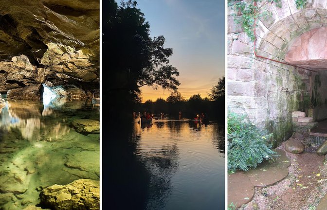 Perfekt an heißen Sommertagen: Wimsener Höhle, magische Dämmerung auf der Enz und ein Bächle in der Innenstadt von Calw (v.l.n.r.).<span class='image-autor'>Foto: TessBrüder, Zugvögel, Stadt Calw</span>