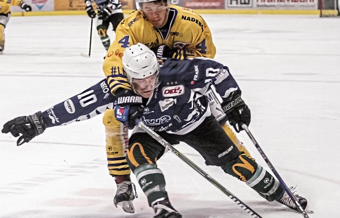 Bietigheims Norman Hauner (vorne) schirmt den Puck gegen Roberto Geiseler von den Lausitzer Füchsen ab. Foto: Simecek