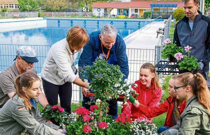 Am Samstag erfuhr das Schlossfreibad durch viele Helfer eine große Aufhübschung. Auch der Vereinsvorsitzende Axel Griesbaum (hinten links) machte sich die Hände schmutzig.  Foto: Pangerl