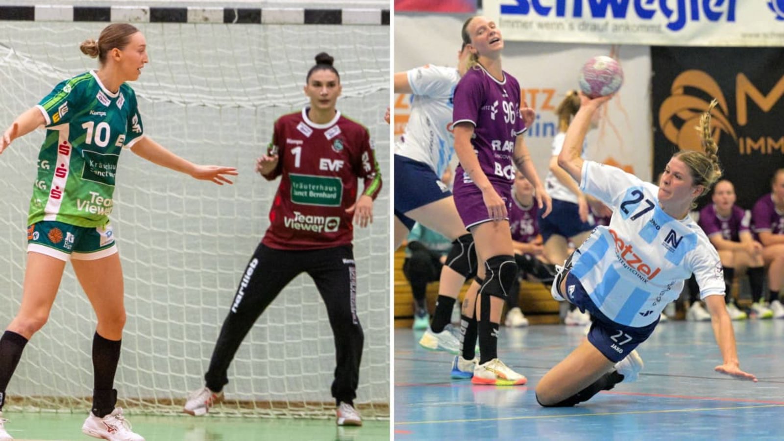Matilda Ehlert (li.) und Torhüterin Mikaela Possatti sind neu bei Frisch Auf,&nbsp; Sina Ehmann (re.) wechselte aus Göppingen zur Sport-Union Neckarsulm.Imago