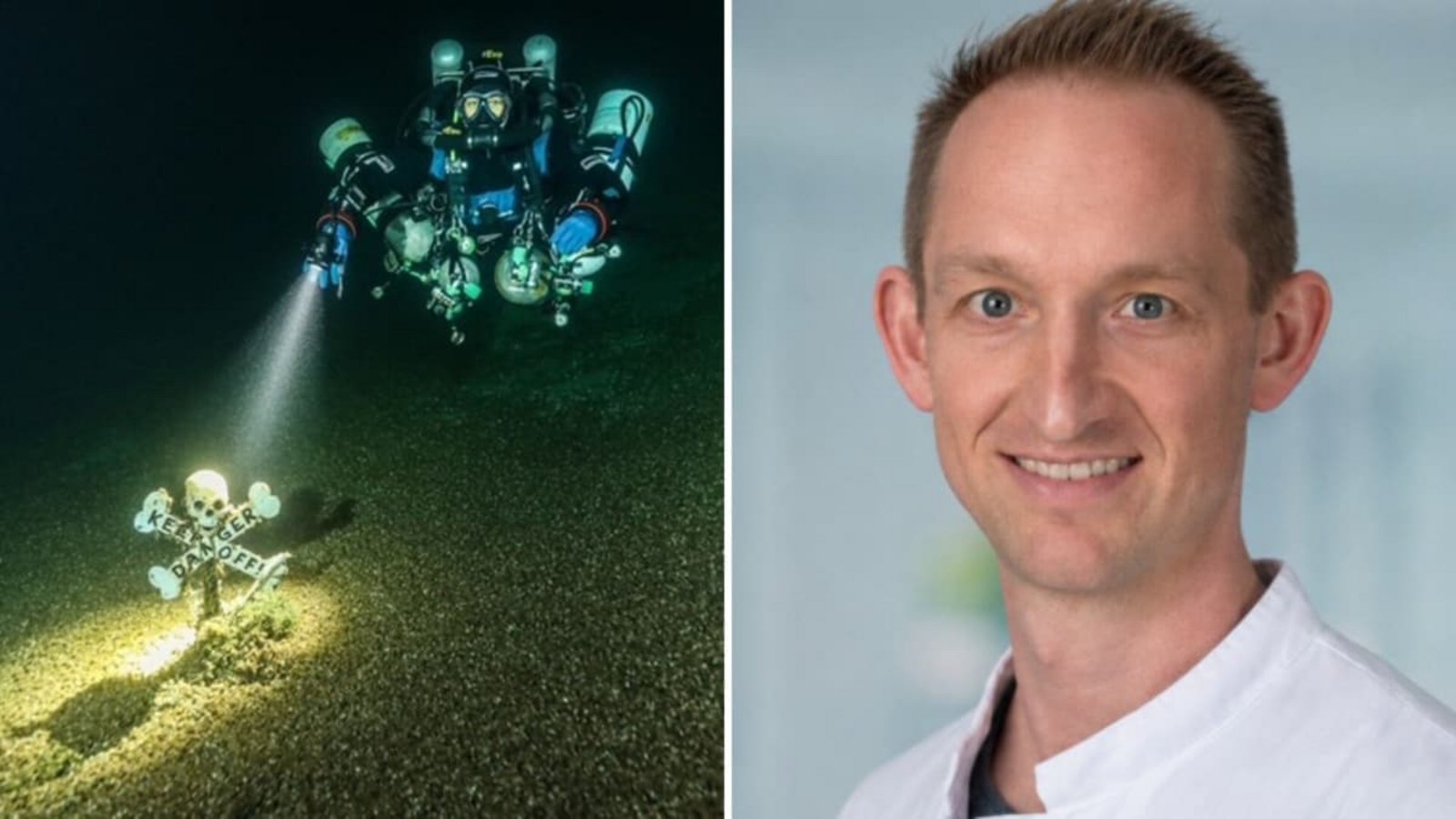 Die Technische Taucherin Maren Wagenbreth beim Tauchen im Bodensee in rund 100 Metern Tiefe (l.) – und Lars Eichhorn, Intensivmediziner und Vizepräsident der Gesellschaft für Tauch- und Überdruckmedizin (GTÜM).Tauchteam Bodensee/dpa; privat