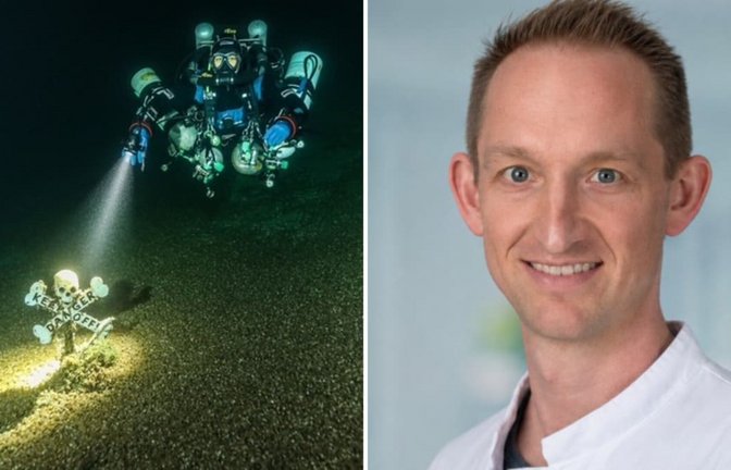Die Technische Taucherin Maren Wagenbreth beim Tauchen im Bodensee in rund 100 Metern Tiefe (l.) – und Lars Eichhorn, Intensivmediziner und Vizepräsident der Gesellschaft für Tauch- und Überdruckmedizin (GTÜM).<span class='image-autor'>Tauchteam Bodensee/dpa; privat</span>