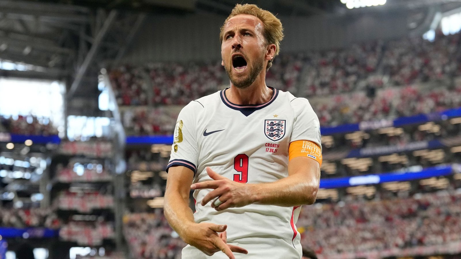 Harry Kane feiert seinen Treffer zum 2:1 gegen Kroatien.Foto: Tony Gutierrez/AP/dpa/Tony Gutierrez