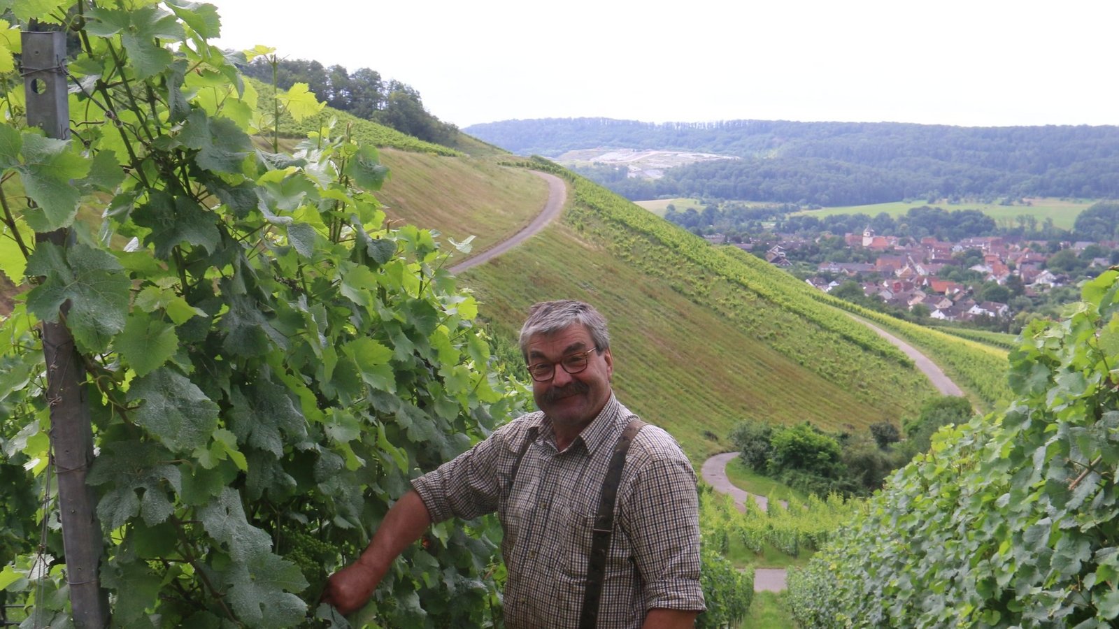 Gerhard Schillinger in einer seiner Reb-Parzellen am Wachtkopf mit Blick ins liebliche Mettertal.  Fotos: Rücker