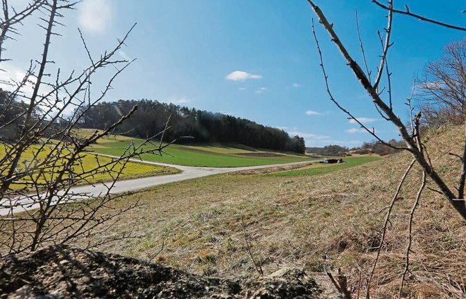 Etwa in der Bildmitte soll ein Damm entstehen, der im Fall eines Unwetters anströmendes Hochwasser aufhält, das sonst ungehindert aus dem Heutal entlang der Hirsauer Straße nach Eberdingen fließen würde. Fotos: Küppers