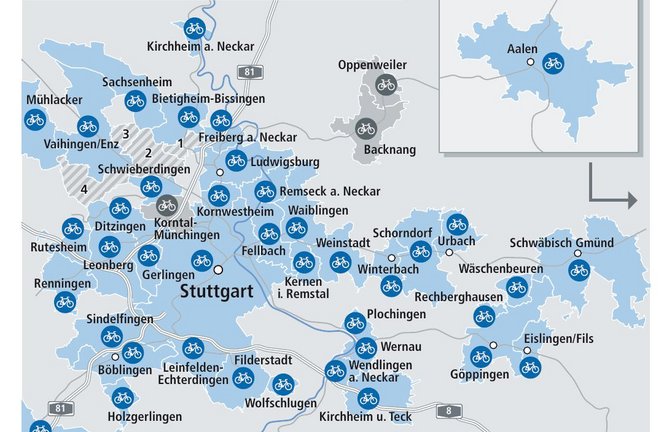 Das Regiorad-Angebot gibt es bereits in vielen Orten rund um Stuttgart. Nun spielt Eberdingen mit dem Gedanken, eine oder mehrere entsprechende Stationen zu sich in die Dreiergemeinde zu holen.  Grafik: Regiorad Stuttgart