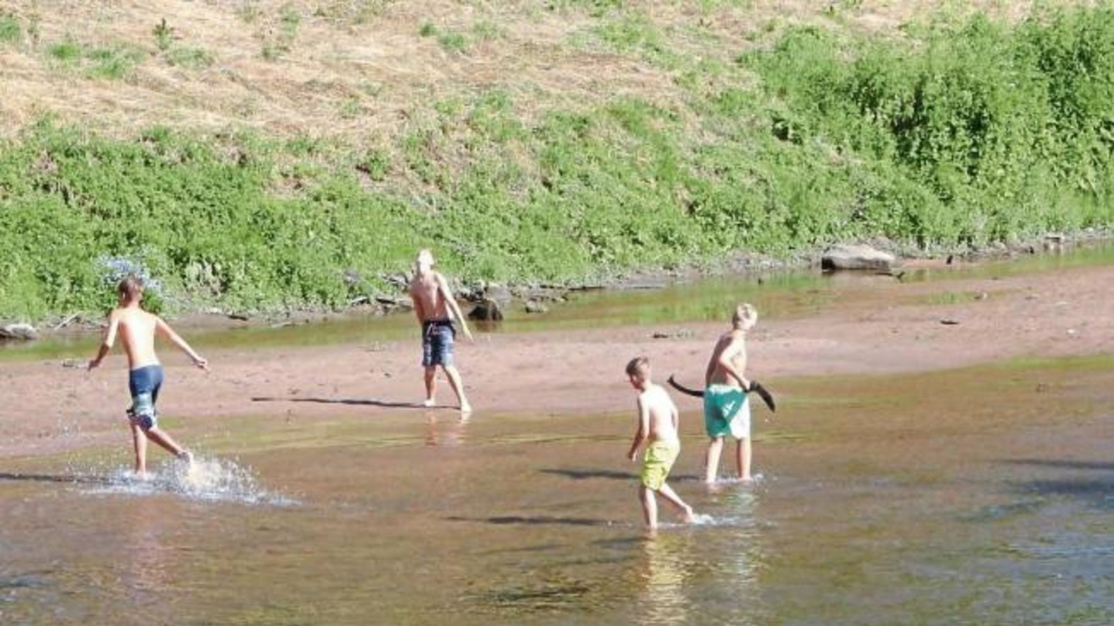 Der Sommer ist da – heute mit dem 21. Juni auch offiziell. Heiße Tage gab es aber auch schon davor, wie dieses „Strandbad“ an der Enz in Vaihingen auf Höhe des Enztalbads zeigt. Die Buben haben ihren Spaß.  Foto: Arning