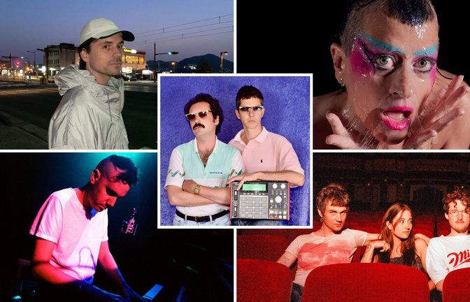 Zu den vielen Highlights der About Pop zählen die Auftritte von Leif Randt, Peaches, Nation Of Language und Josh Cohen (von links oben im Uhrzeigersinn) sowie von Mind Enterprises (Mitte)<span class='image-autor'>Foto: Veranstalter</span>