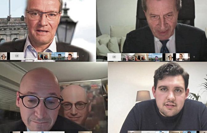 Zum politischen Aschermittwoch der CDU sprachen Gunther Krichbaum und Günther H. Oettinger (oben, von links), sowie die Landtagskandidaten aus Pforzheim und dem Enzkreis, Philipp Dörflinger (unten rechts) und Philippe A. Singer. Screenshot: Friedrich