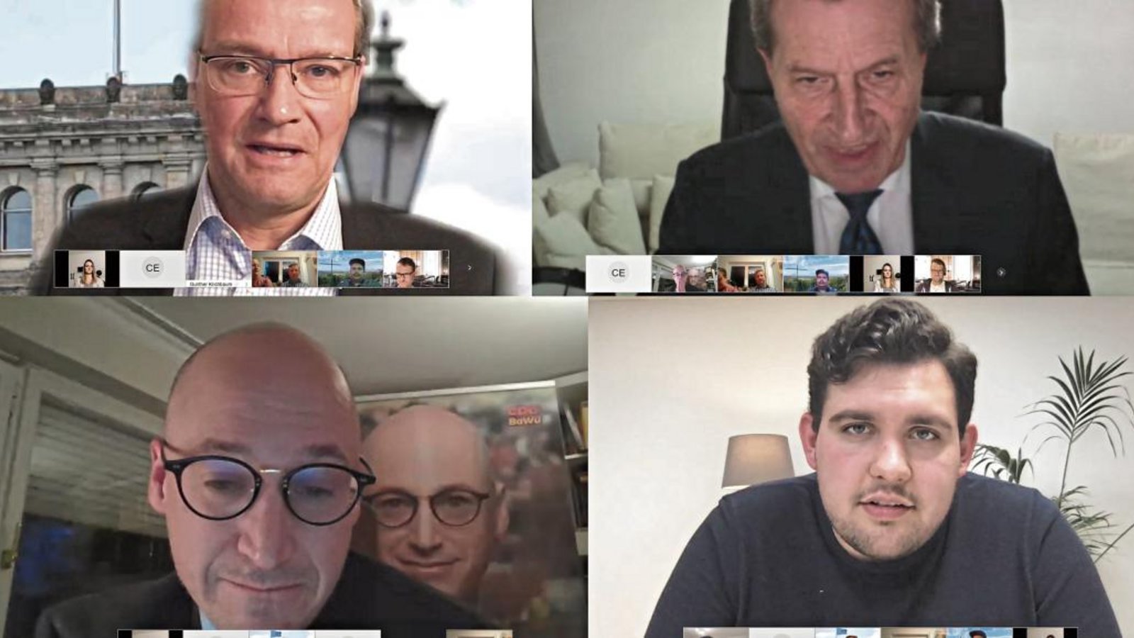 Zum politischen Aschermittwoch der CDU sprachen Gunther Krichbaum und Günther H. Oettinger (oben, von links), sowie die Landtagskandidaten aus Pforzheim und dem Enzkreis, Philipp Dörflinger (unten rechts) und Philippe A. Singer. Screenshot: Friedrich