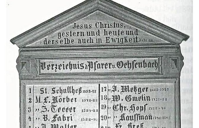 Die Ochsenbacher Pfarrtafel. Pfarrer Faber wird als Nummer 8 erwähnt.