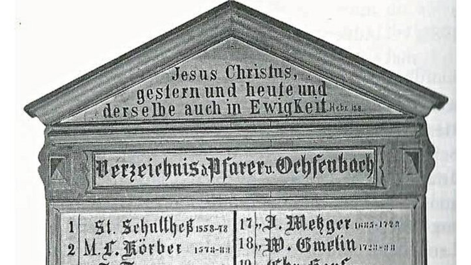 Die Ochsenbacher Pfarrtafel. Pfarrer Faber wird als Nummer 8 erwähnt.