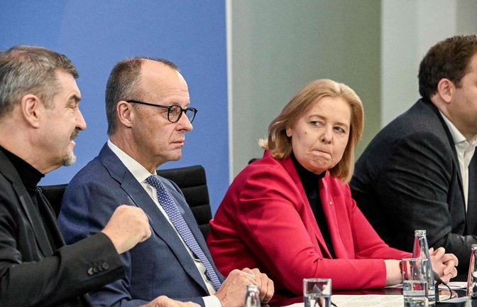 Die Koalitionsspitzen im Kanzleramt: Markus Söder (CSU), Friedrich Merz (CDU), Bärbel Bas und Lars Klingbeil (beide SPD).<span class='image-autor'>Foto: AFP</span>