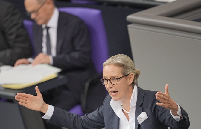 AfD-Chefin Weidel im Bundestag: Mit den Stimmen der AfD könnte Kanzler Scholz (Hintergrund) die Vertrauensfrage bestehen.<span class='image-autor'>Foto: dpa/Michael Kappeler</span>