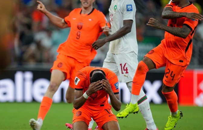 Fußball, Männer: WM, Niederlande - Marokko, Finalrunde, Sechzehntelfinale, Monterrey-Stadion in Guadalupe. Der Niederländer Cody Gakpo jubelt über sein Tor zum 1:0. (zu dpa: «Nach Deutschland: Auch Niederlande bei WM raus»)<span class='image-autor'>Foto: Dolores Ochoa/AP/dpa</span>