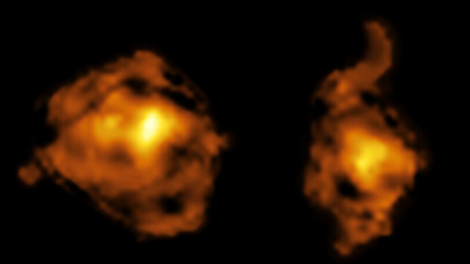 Die neuen Beobachtungen deuten darauf hin, dass die vom Quasar abgegebene Strahlung die Gas- und Staubwolken in der normalen Galaxie zerstört und nur die kleinsten, dichtesten Regionen zurücklässt.Foto: ALMA (ESO/NAOJ/NRAO)/S. Balashev and P. Noterdaeme et al. Die neuen Beobachtungen deuten darauf hin, dass die vom Quasar abgegebene Strahlung die Gas- und Staubwolken in der normalen Galaxie zerstört und nur die kleinsten, dichtesten Regionen zurücklässt.Foto: ALMA (ESO/NAOJ/NRAO)/S. Balashev and P. Noterdaeme et al.