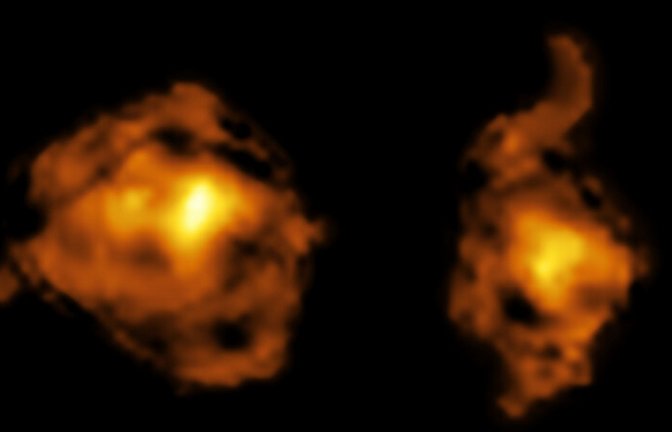 Die neuen Beobachtungen deuten darauf hin, dass die vom Quasar abgegebene Strahlung die Gas- und Staubwolken in der normalen Galaxie zerstört und nur die kleinsten, dichtesten Regionen zurücklässt.<span class='image-autor'>Foto: ALMA (ESO/NAOJ/NRAO)/S. Balashev and P. Noterdaeme et al.</span>