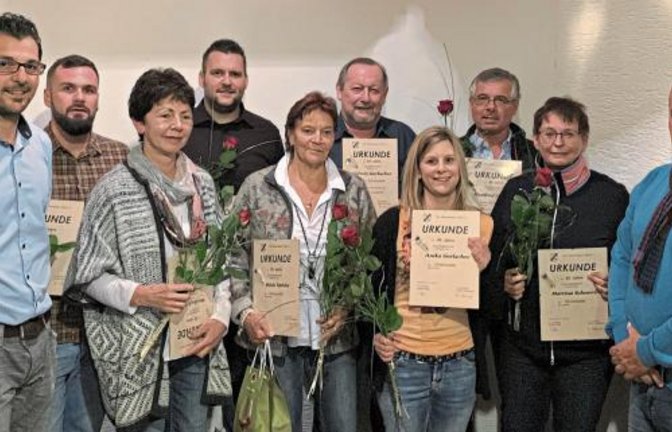 Ehrungen beim TSV Häfnerhaslach: Marcel Hirsch (von links), Andreas Grau, Monika Krohmer, Peter Schneider, Hilde Oehler, Edwin Gerlacher, Anika Gerlacher, Manfred Dupper, Martina Schneider und Reiner Schneider. Foto: p