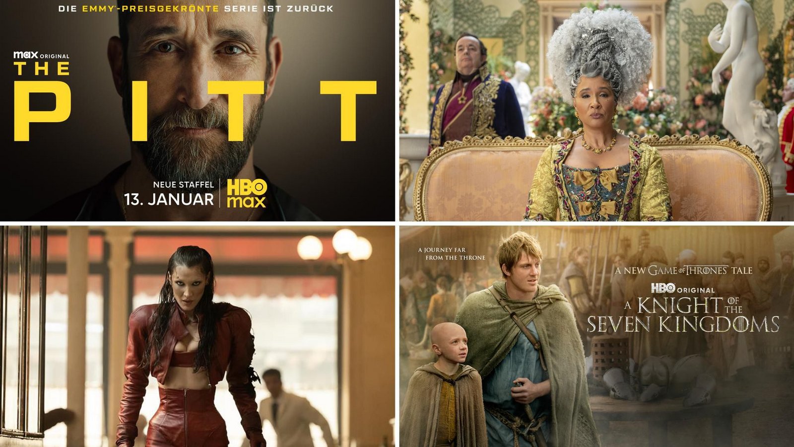 Wie wär’s zum Beispiel mit „The Pitt“, „Bridgerton“, „A Knight of the Seven Kingdoms“ oder „The Beauty“ (von links oben im Uhrzeigersinn)? Unsere Serientipps für Januar.Foto: HBO Max (2), Netflix, Disney+