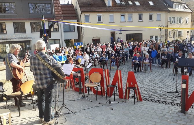 Im Äußeren Schlosshof versammeln sich zahlreiche Sachsenheimerinnen und Sachsenheimer, um gegen den Krieg zu protestieren. <span class='image-autor'>Foto: Glemser</span>