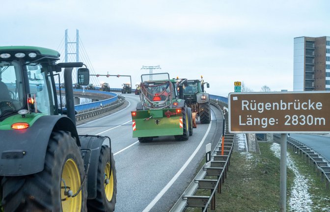 Traktoren fahren auf der Rügenbrücke in Stralsund.<span class='image-autor'>Foto: dpa/Stefan Sauer</span>