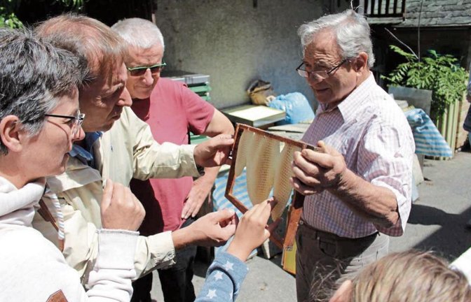 Imker Gerhard Haffner (rechts) erklärt dem Nussdorfer Umweltteam die Lebensweise der Bienen. Fotos: p