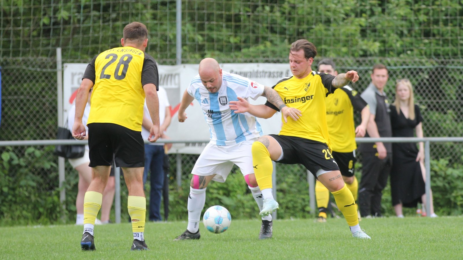 Einen schweren Stand hat der Vaihinger Spielertrainer, Pasquale Arena, gegen seine beiden Bewacher des TSV Ensingen. Einen schweren Stand hat der Vaihinger Spielertrainer, Pasquale Arena, gegen seine beiden Bewacher des TSV Ensingen.
