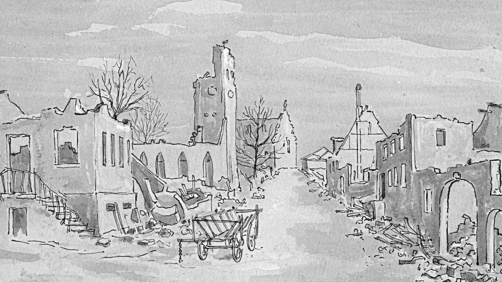 Nussdorf wurde im April 1945 zu großen Teilen zerstört. Hier die erste bildliche Darstellung der Ruinen von F. W. Schindhelm, Rastatt.  Fotos: p