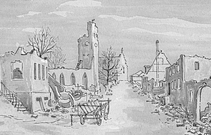 Nussdorf wurde im April 1945 zu großen Teilen zerstört. Hier die erste bildliche Darstellung der Ruinen von F. W. Schindhelm, Rastatt.  Fotos: p
