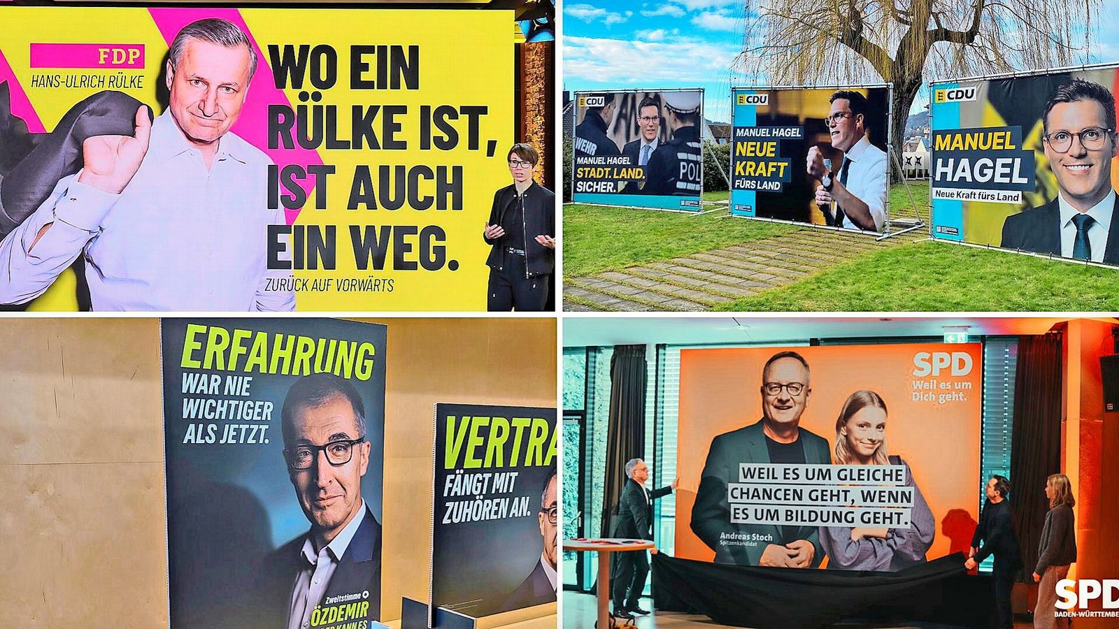 Bald hängen sie wieder im überall im Ländle: Wahlplakate zur Landtagswahl in Baden-Württemberg.Foto: Bernd Weißbrod/dpa/Laura Wallenfels/Annika Grah Bald hängen sie wieder im überall im Ländle: Wahlplakate zur Landtagswahl in Baden-Württemberg.Foto: Bernd Weißbrod/dpa/Laura Wallenfels/Annika Grah