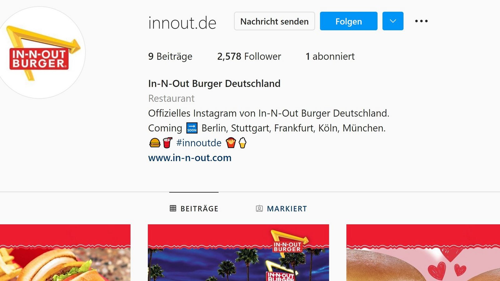 Das gefälschte In-N-Out-Profil auf Instagram sieht aus wie echt, ist aber von Betrügern erstellt worden.Foto: Instagram/Screenshot