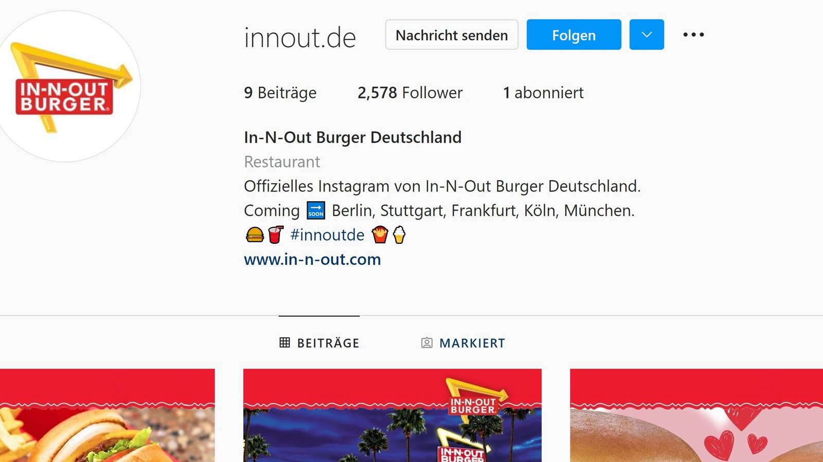 Das gefälschte In-N-Out-Profil auf Instagram sieht aus wie echt, ist aber von Betrügern erstellt worden.Foto: Instagram/Screenshot Das gefälschte In-N-Out-Profil auf Instagram sieht aus wie echt, ist aber von Betrügern erstellt worden.Foto: Instagram/Screenshot