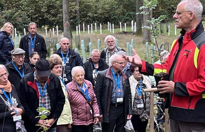 Revierförster Burkhard Böer erklärt die Baumarten der Setzlinge, welche die Mitglieder-Jubilare der VR-Bank Ludwigsburg im Bönnigheimer Wald pflanzen.  <span class='image-autor'>Fotos: VR-Bank Ludwigsburg</span>