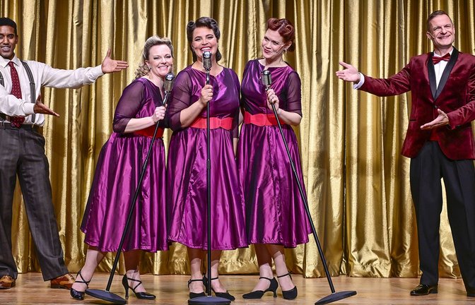 Spielen Geschichte auf der Bühne und unterhalten vorzüglich: Aron Kelata,  Diana Gantner, Amelie Sturm,  Sorina Kiefer, Benjamin Hille (v.l.).<span class='image-autor'>Foto: Tobias Metz</span>