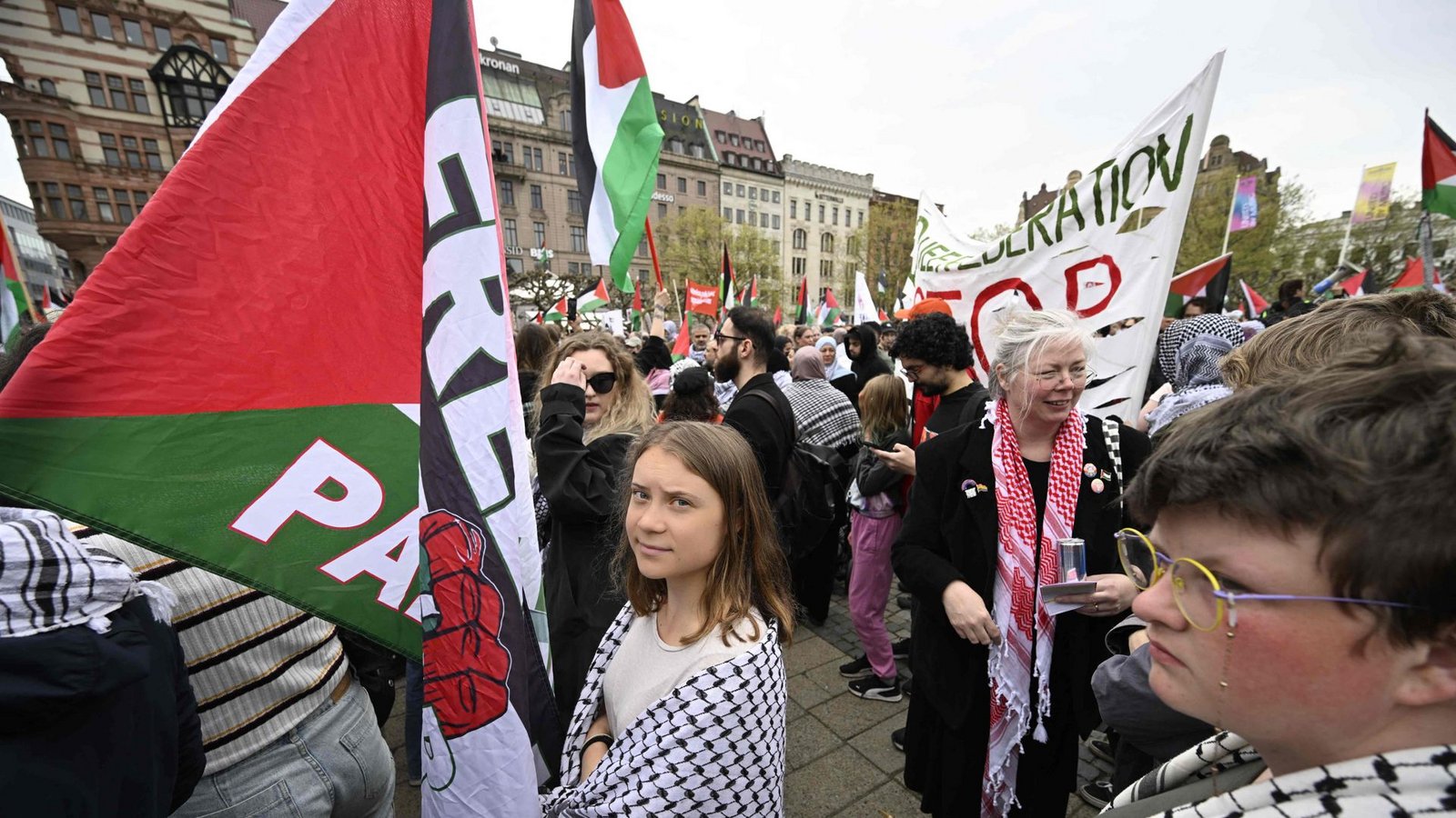 Greta Thunberg bei der Demo gegen die Israel-Teilnahme beim ESC in Malmö.Foto: AFP/JOHAN NILSSON/TT