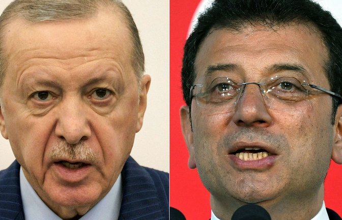 Der türkische Präsident Recep Tayyip Erdogan (li.) hat seinen Herausforderer Ekrem Imamoglu  festnehmen lassen.<span class='image-autor'>Foto: AFP/YASUYOSHI CHIBA</span>