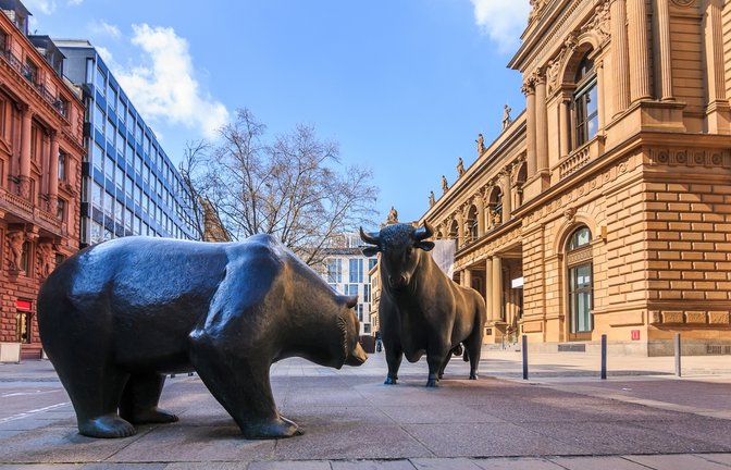 Auf oder ab? Bär und Bulle vor der Frankfurter Börse.<span class='image-autor'>Foto: Marco Ritzki/ Shutterstock</span>