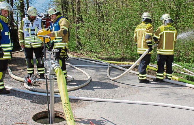 Hauptübung der Eberdinger Feuerwehr im Gebiet Sonnenberg. An diesem Hydranten beträgt der Wasserdruck nur 2,5 bar.  Fotos: Elsässer