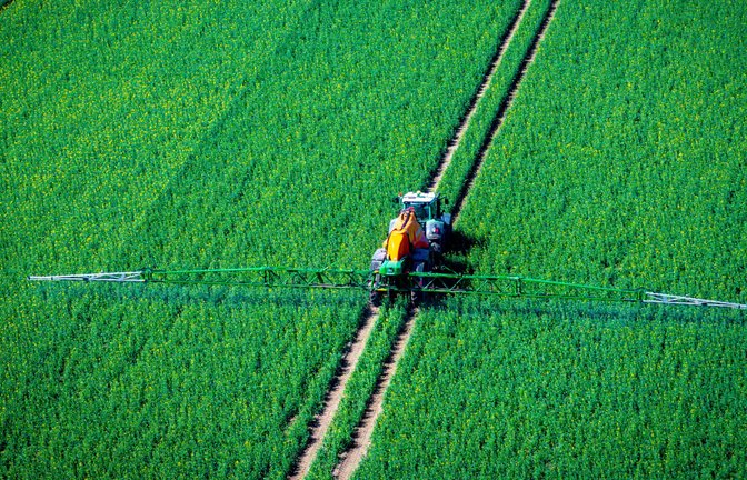 Ein Traktor zieht eine Spritzmaschine über ein Rapsfeld und versprüht Pflanzenschutzmittel.<span class='image-autor'>Foto: Jens Büttner/dpa</span>